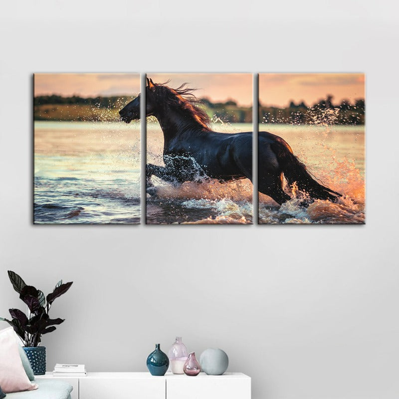 Running Horse In Water-Canvas Wall Art Painting 3 Pieces | Bowlift