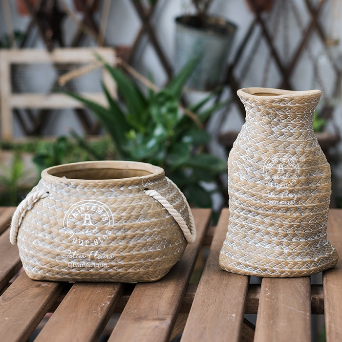 BowLift | Ceramic Plant Pot in Hemp Bag Design with Rope Handles – Decorative Flower Pot for Garden and Home