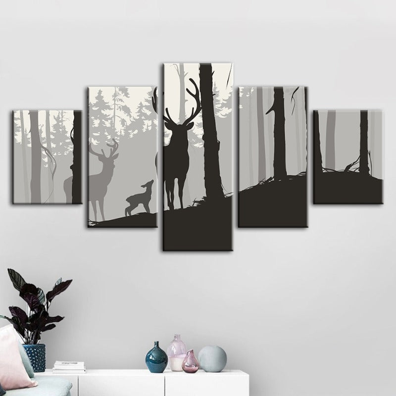 5 Piece Silhouette Deer Family - Canvas Wall Art Painting | Bowlift