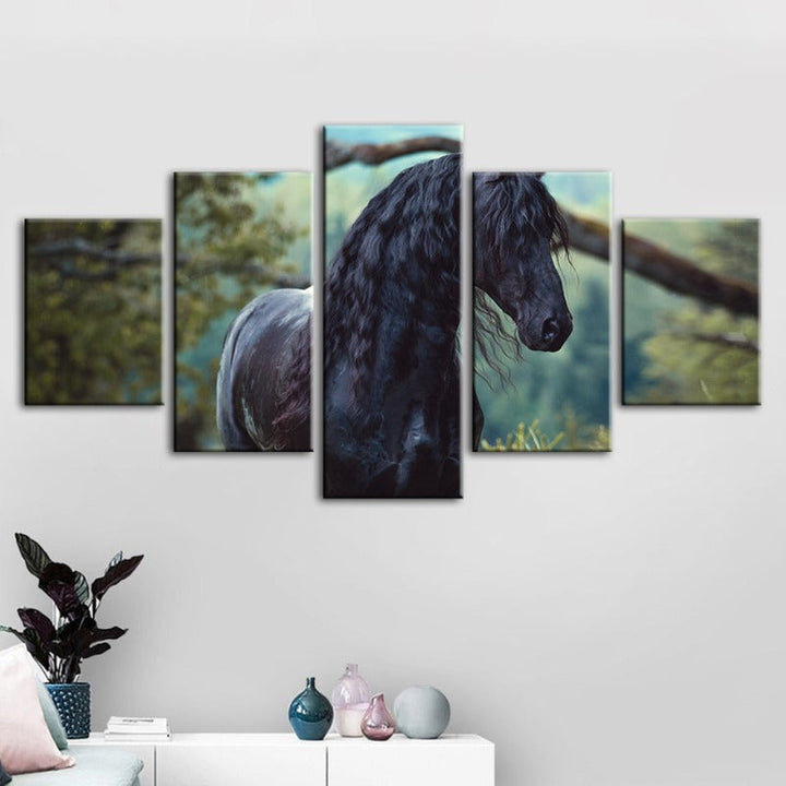 5 Piece Black Horse in Forest - Canvas Wall Art Painting | Bowlift