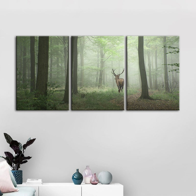 Misty Mystical Deer In The Woods-Canvas Wall Art Painting 3 Pieces | Bowlift