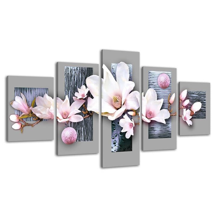 5 Piece Blue Wooden Background Pink Hue Flower - Canvas Wall Art Painting | Bowlift