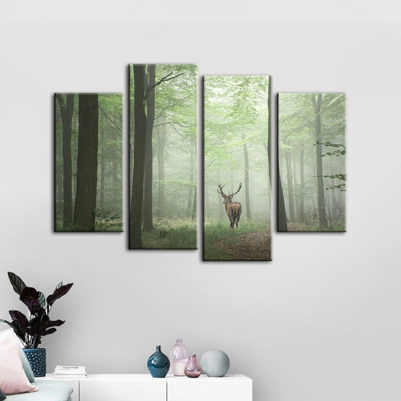 4 Piece Misty Mystical Deer in the Woods - Canvas Wall Art Painting | Bowlift