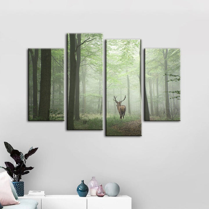 4 Piece Misty Mystical Deer in the Woods - Canvas Wall Art Painting | Bowlift