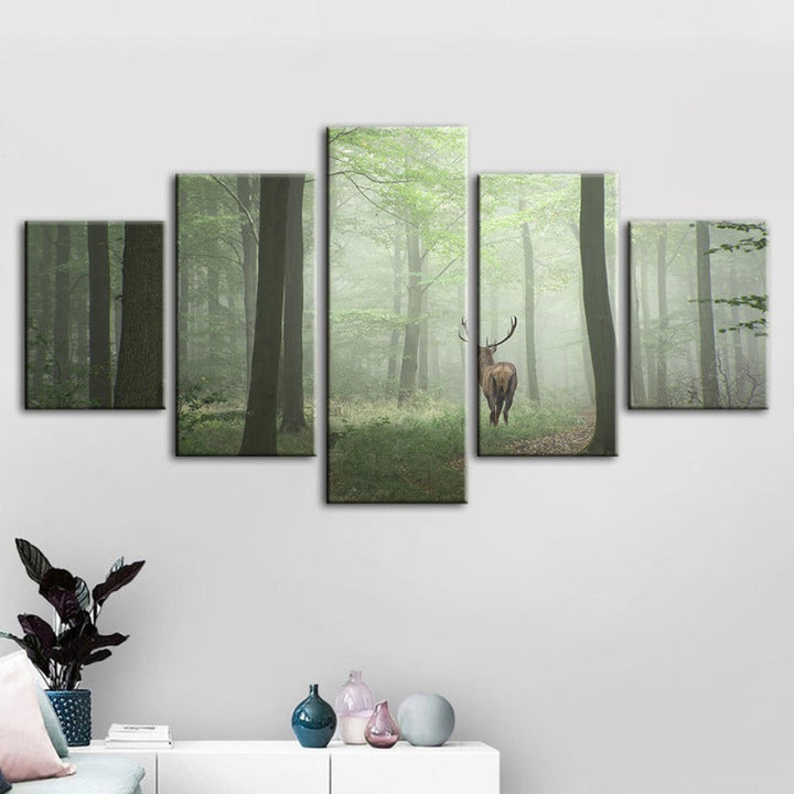 5 Piece Misty Mystical Deer In The Woods - Canvas Wall Art Paintings | Bowlift