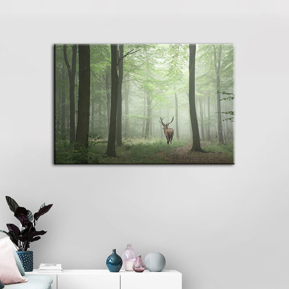 Misty Mystical Deer In The Woods - Canvas Wall Art Painting | Bowlift