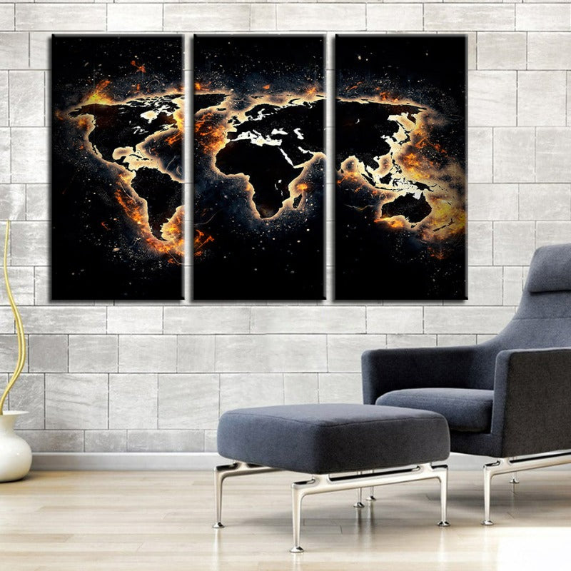 Fire and Black World Map-Canvas Wall Art Painting 3 Pieces | Bowlift
