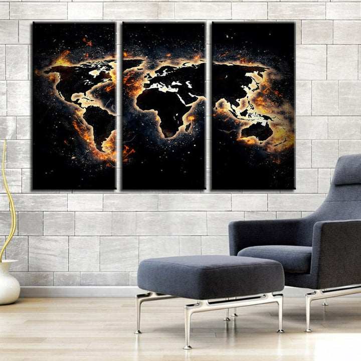 Fire and Black World Map-Canvas Wall Art Painting 3 Pieces | Bowlift