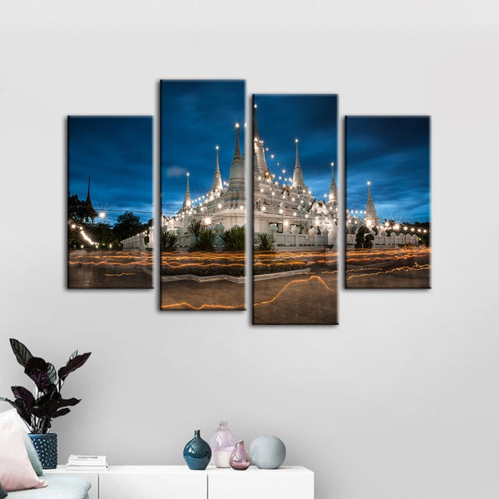 4 Piece Beautiful Temple Night Time - Canvas Wall Art Painting | Bowlift