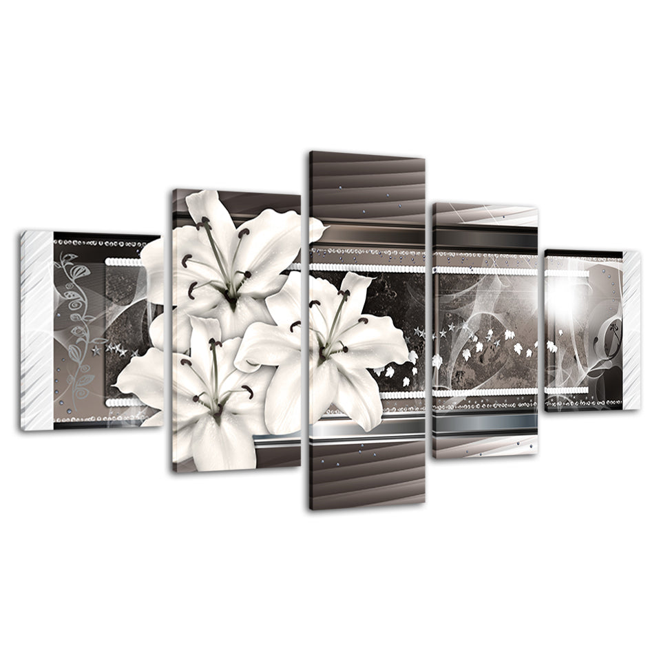 5 Piece White & Silver Flower - Canvas Wall Art Painting | Bowlift