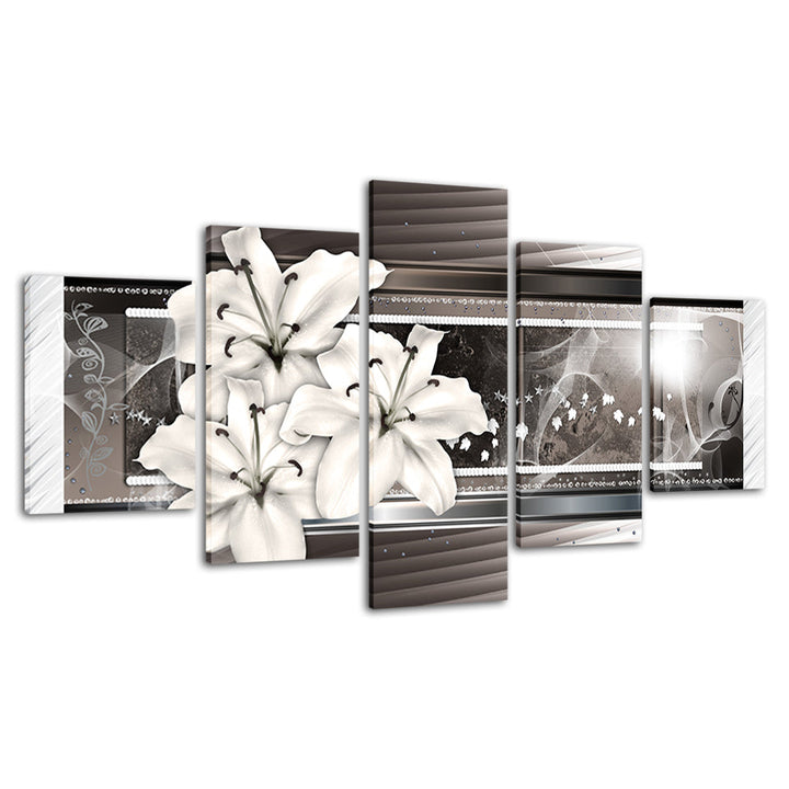 5 Piece White & Silver Flower - Canvas Wall Art Painting | Bowlift