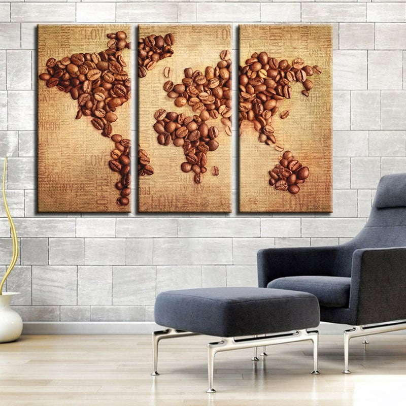 Beautiful Abstract Coffee Beans World Map - Canvas Wall Art Painting 3 Pieces | Bowlift