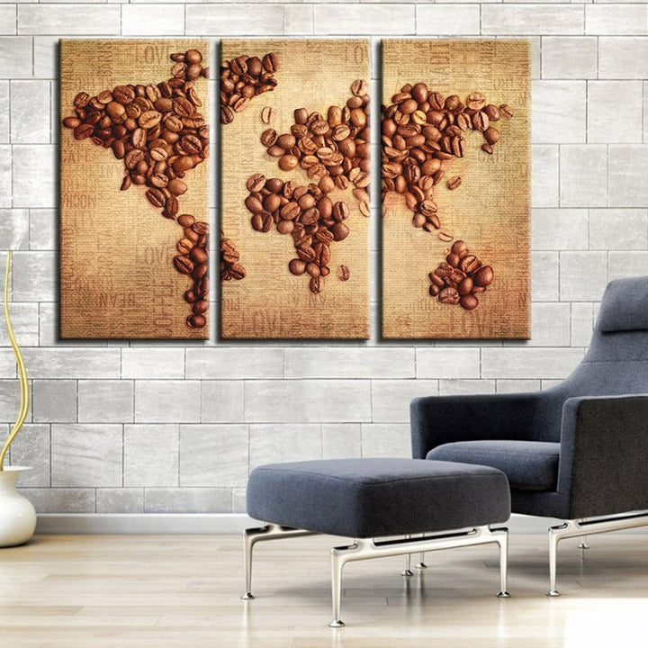 Beautiful Abstract Coffee Beans World Map - Canvas Wall Art Painting 3 Pieces | Bowlift