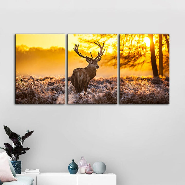 Winter Deer At Dawn-Canvas Wall Art Painting 3 Pieces | Bowlift