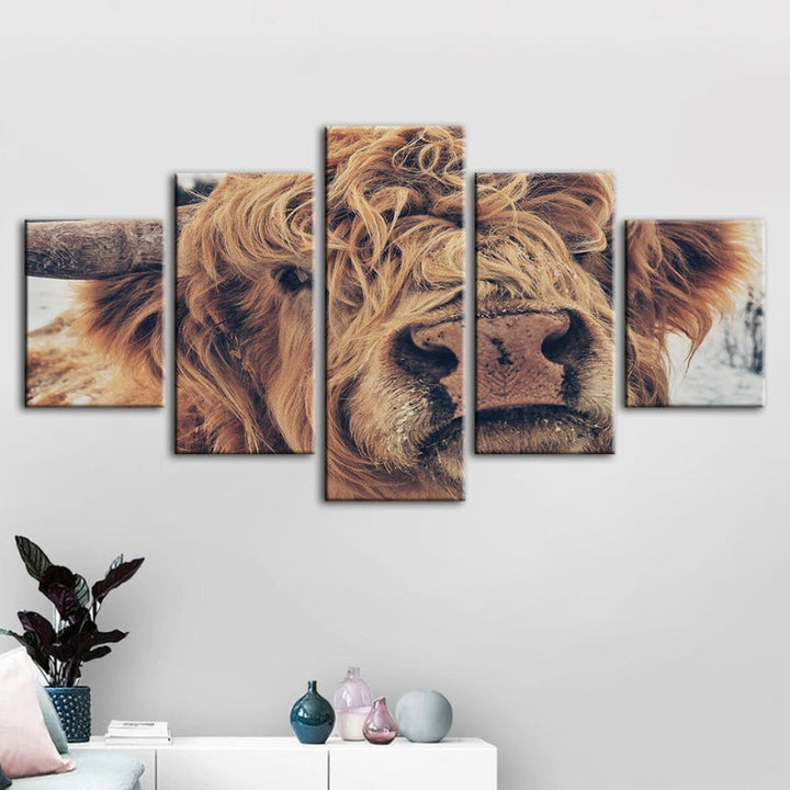 5 Piece Close Up Brown Cow - Canvas Wall Art Painting | Bowlift