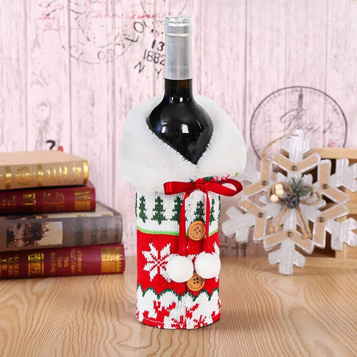 Christmas bottle cover with fur collar – festive cover for wine bottles, gnome decoration for Christmas, perfect as gift wrapping | Bowlift