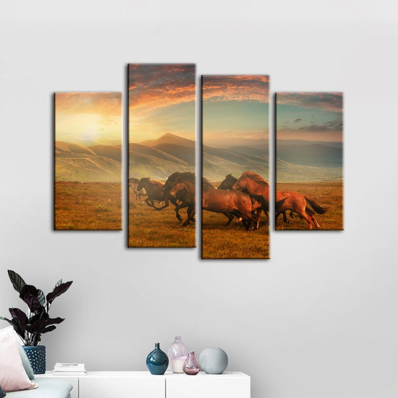 4 Piece Running Horses With Beautiful Landscape - Canvas Wall Art Painting | Bowlift