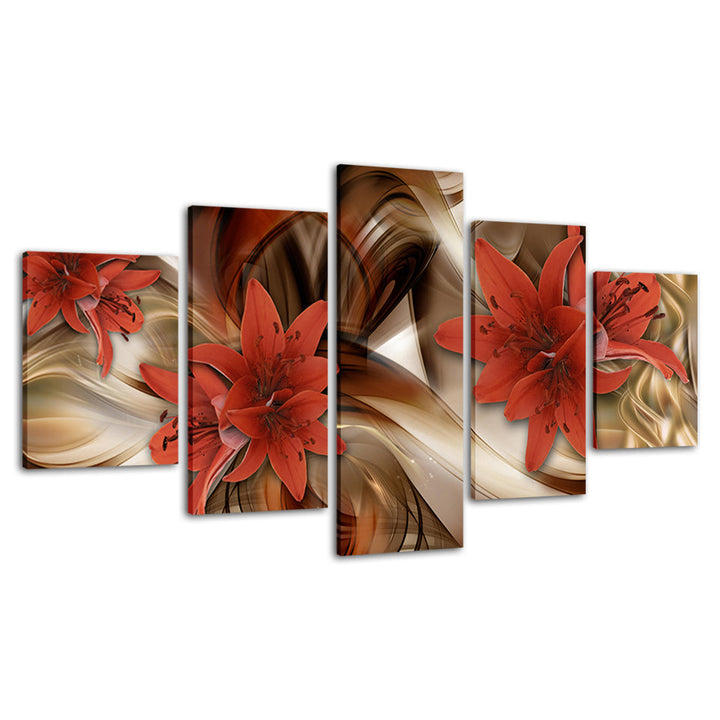 Desaturated Fire Red Lilies 5 Piece - Canvas Wall Art Painting | Bowlift