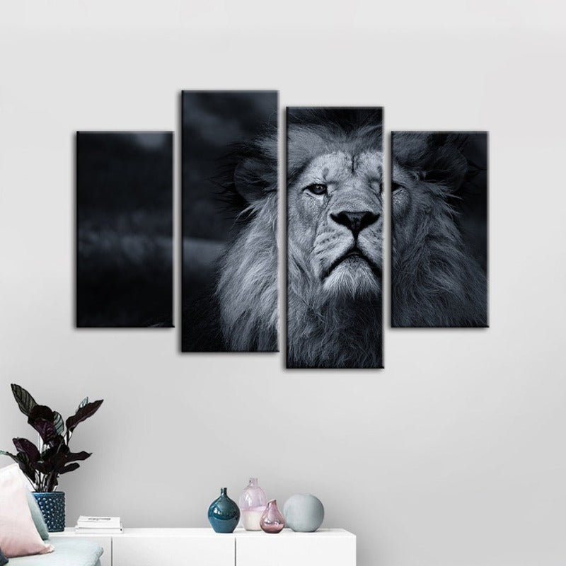 4 Piece Grayscale Concerned Lion - Canvas Wall Art Painting | Bowlift