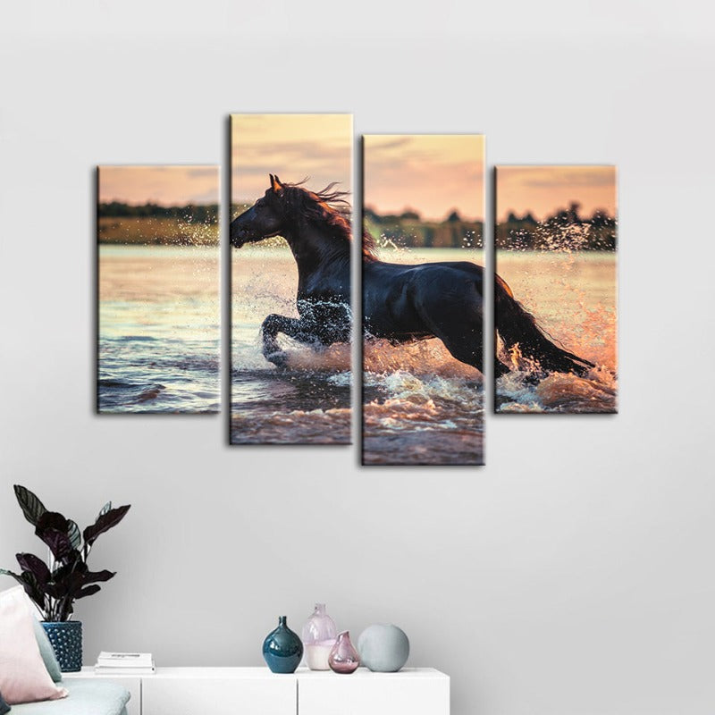 4 Piece Running Horse in Water - Canvas Wall Art Painting | Bowlift