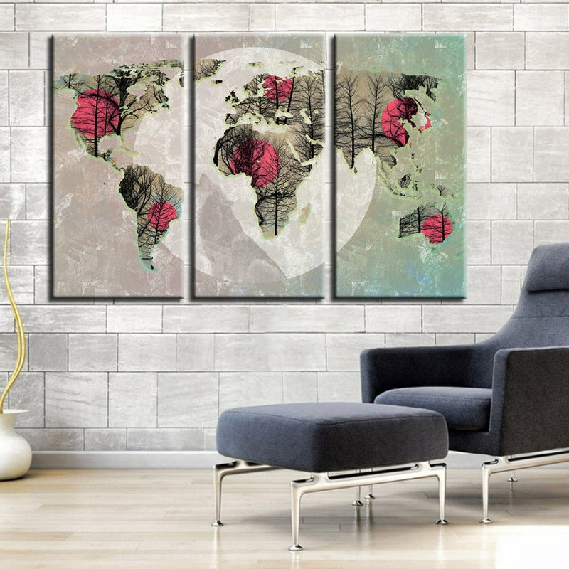 Beautiful Abstract Pink Sun World Map-Canvas Wall Art Painting 3 Pieces | Bowlift