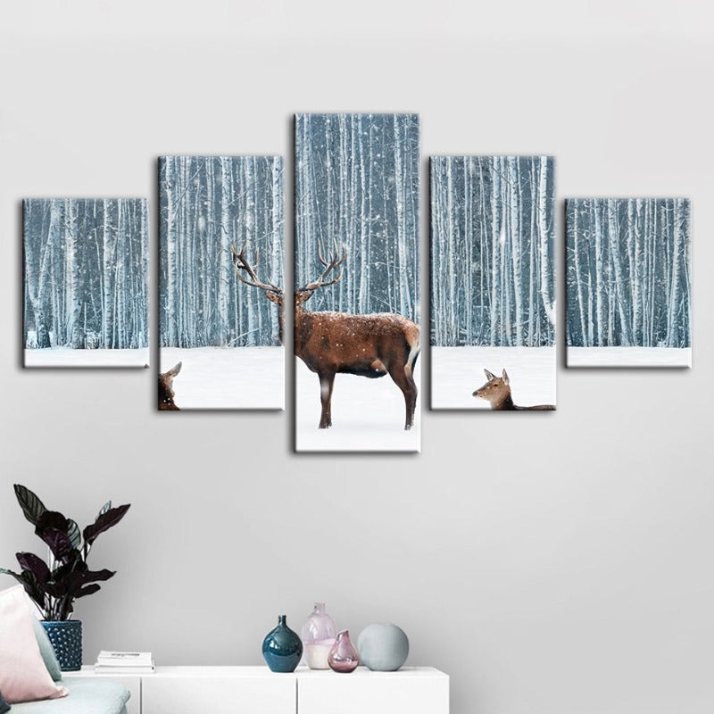 5 Piece Two Does and a Deer in Winter - Canvas Wall Art Painting | Bowlift