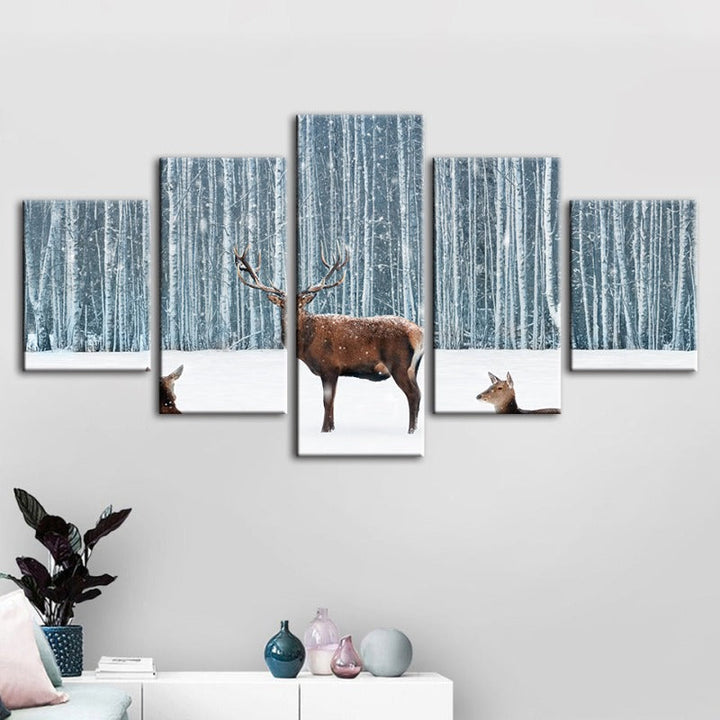 5 Piece Two Does and a Deer in Winter - Canvas Wall Art Painting | Bowlift