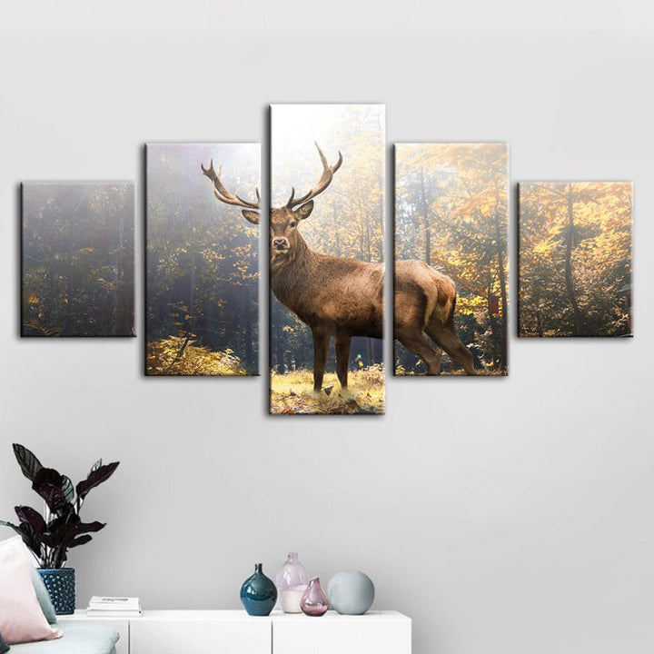 5 Piece Majestic Deer In The Woods - Canvas Wall Art Painting | Bowlift