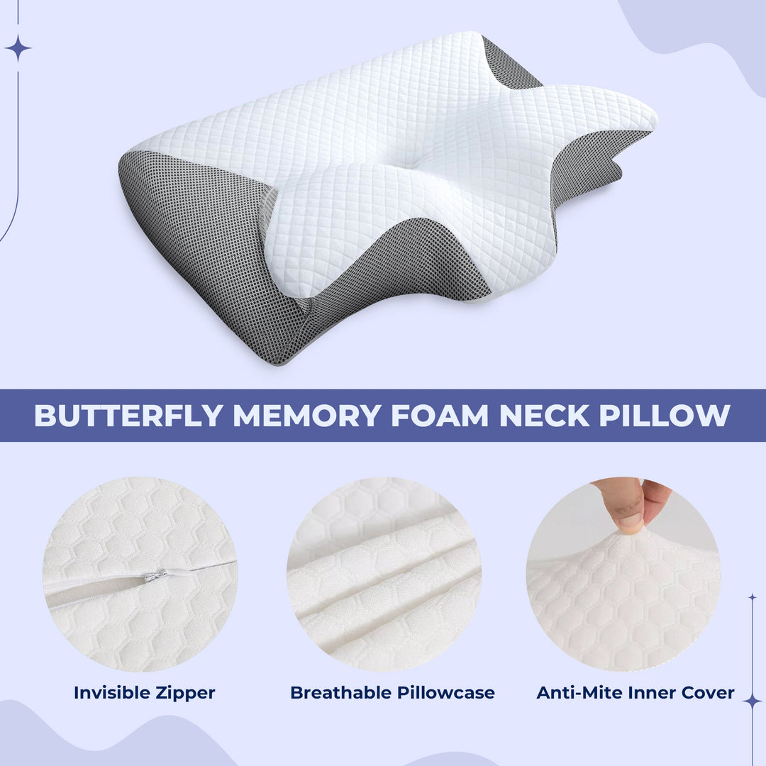 Memory Foam Neck Butterfly Shape Pillow with Armrests for Side & Back Sleepers Bowlift