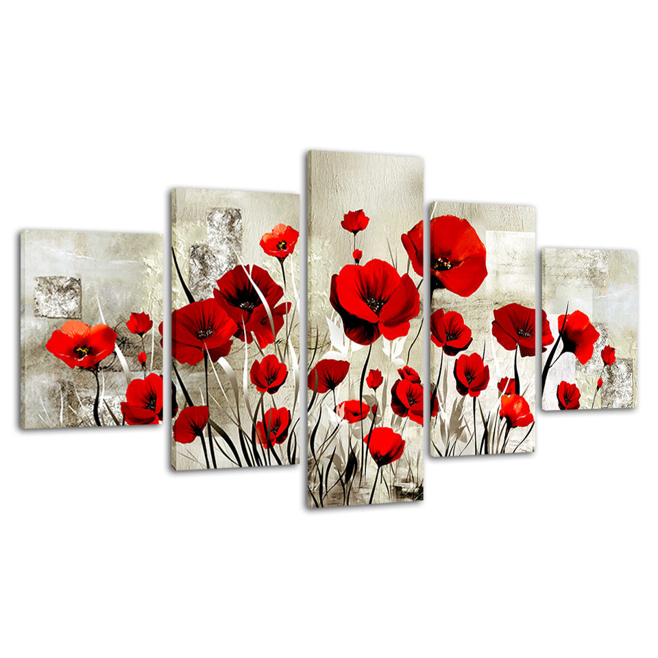 Silver Red Poppy Field 5 Piece - Canvas Wall Art Painting | Bowlift