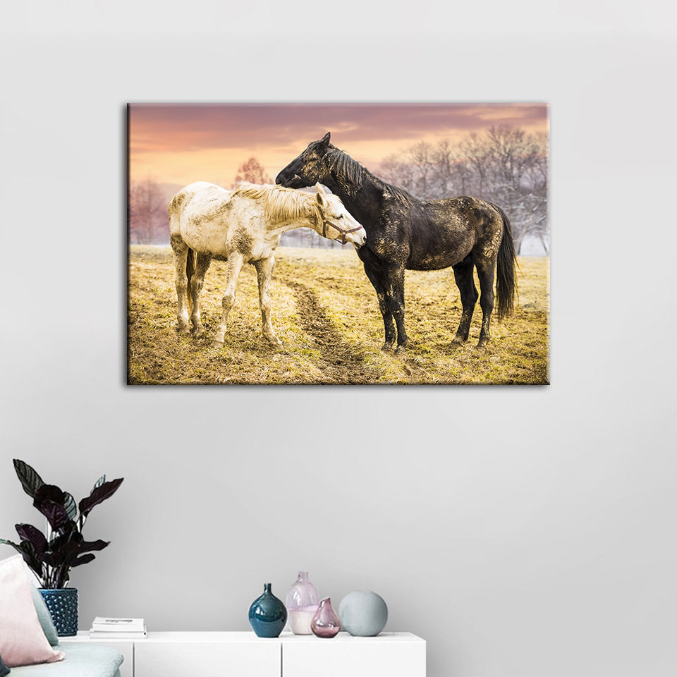 Black & White Horses - Canvas Wall Art Painting | Bowlift