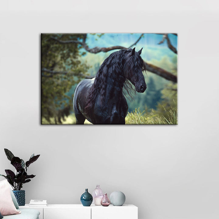 Black Horse In Forest - Canvas Wall Art Painting | Bowlift