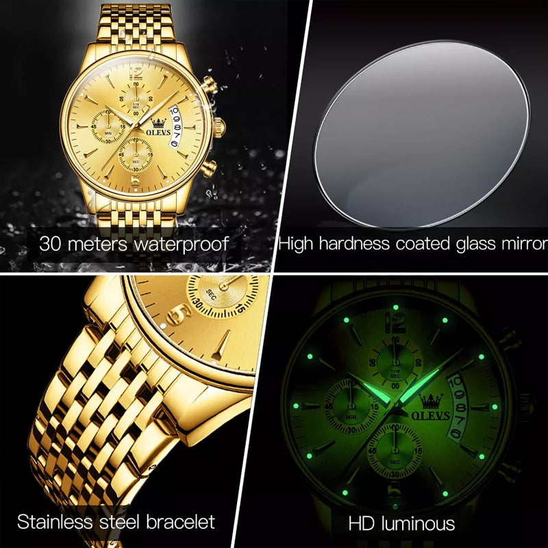 BowLift | Luxury Gold Three-Eye Chronograph Dial Automatic Mechanical Watch