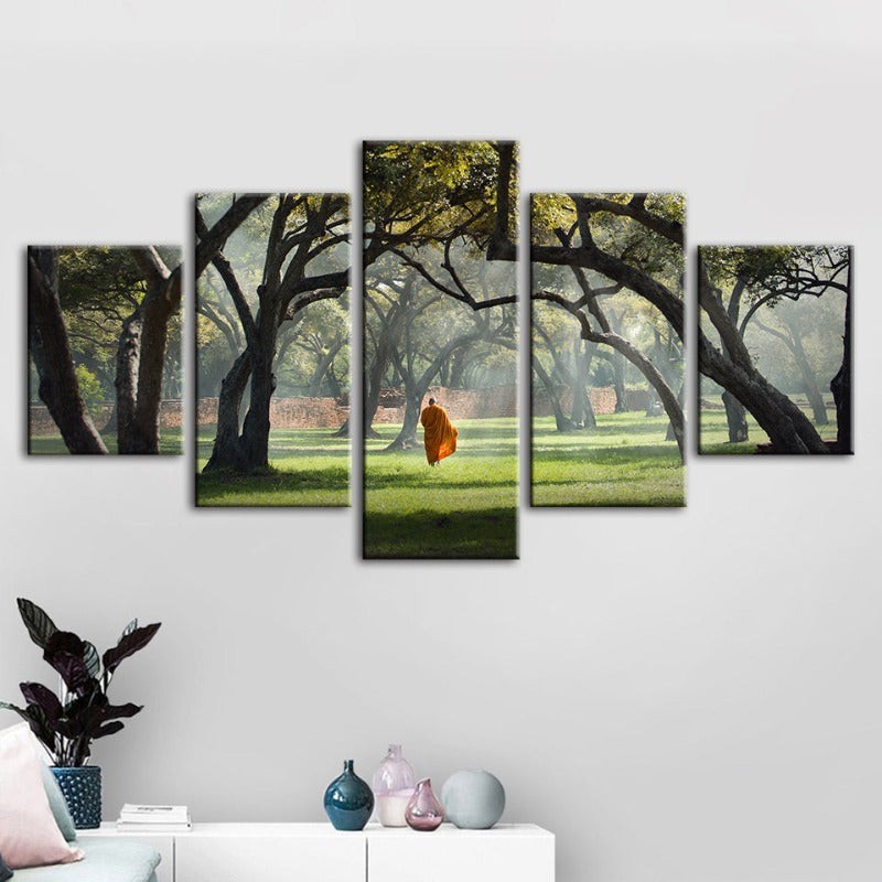 5 Piece Peaceful Monk Walking - Canvas Wall Art Painting | Bowlift