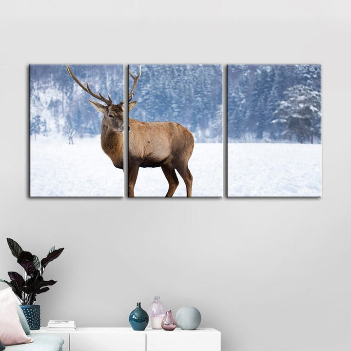 Snowy Landscape Deer-Canvas Wall Art Painting 3 Pieces | Bowlift