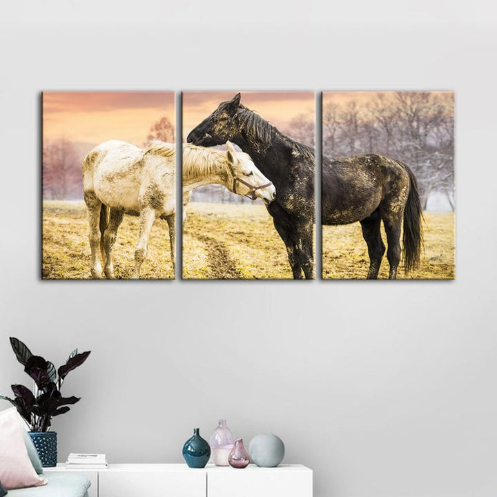 Black & White Horses-Canvas Wall Art Painting 3 Pieces | Bowlift