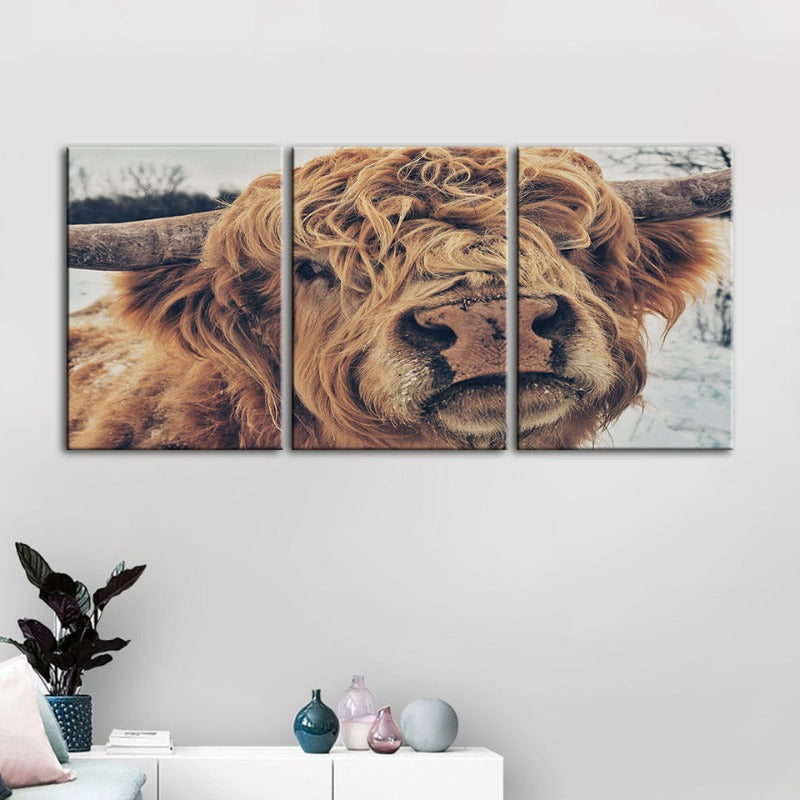 Close Up Brown Cow-Canvas Wall Art Painting 3 Pieces | Bowlift