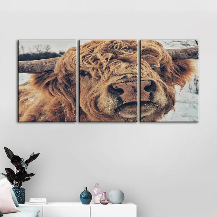 Close Up Brown Cow-Canvas Wall Art Painting 3 Pieces | Bowlift