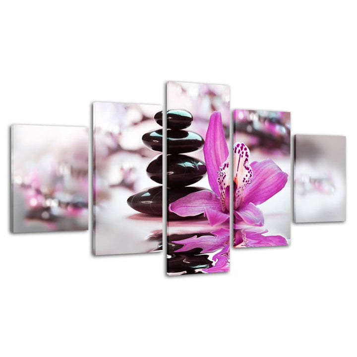 5 Piece Black Pebbles With Purple Flower - Canvas Wall Art Painting | Bowlift