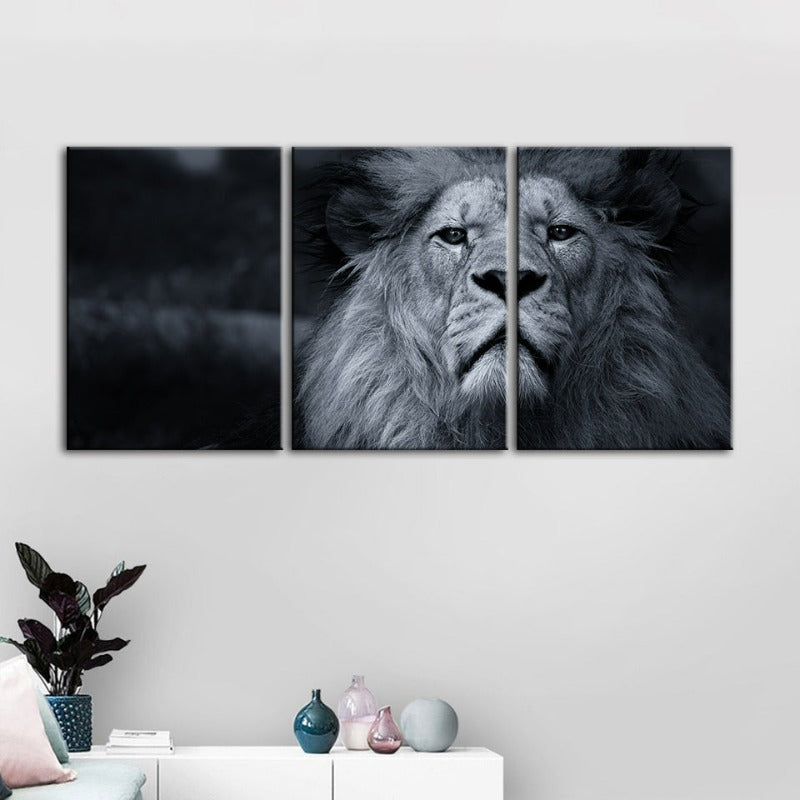 Grayscale Concerned Lion-Canvas Wall Art Painting 3 Pieces | Bowlift