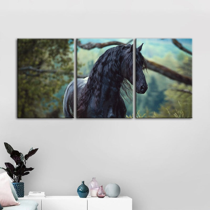 Black Horse in Forest-Canvas Wall Art Painting 3 Pieces | Bowlift