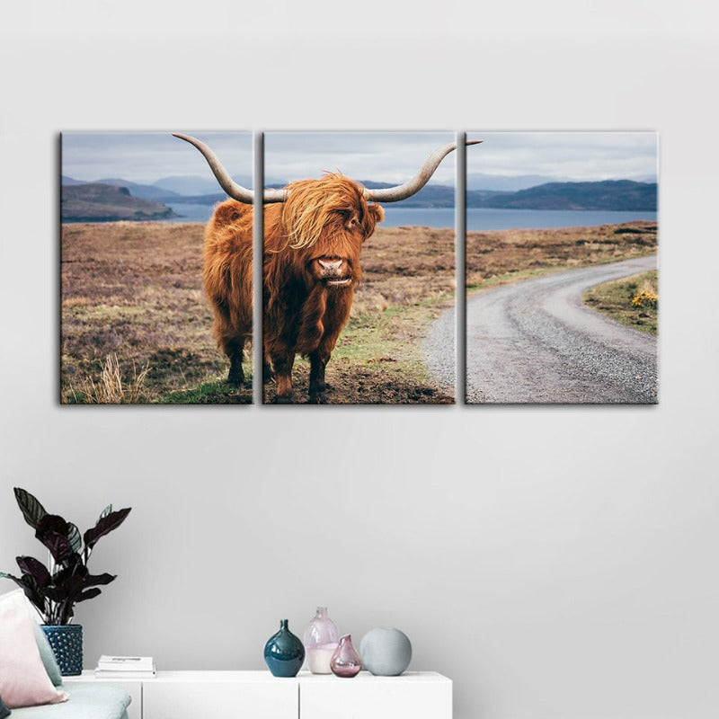 Beautiful Brown Cow-Canvas Wall Art Painting 3 Pieces | Bowlift