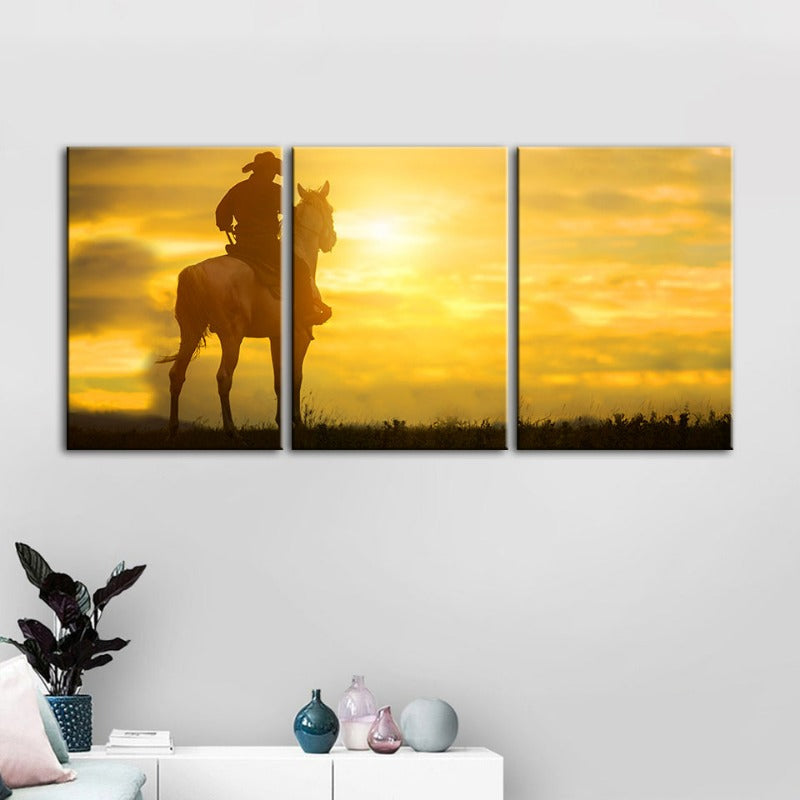 Cowboy And His Steed - Canvas Wall Art Painting 3 Pieces | Bowlift