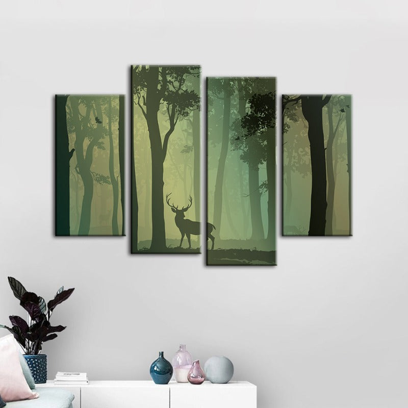 4 Piece Enchanted Green Toned Silhouetted Deer - Canvas Wall Art Painting | Bowlift