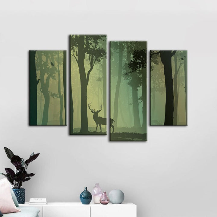 4 Piece Enchanted Green Toned Silhouetted Deer - Canvas Wall Art Painting | Bowlift