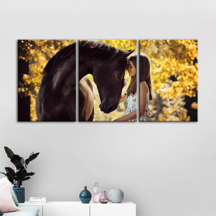 Friendship Between a Girl and Horse-Canvas Wall Art Painting 3 Pieces | Bowlift