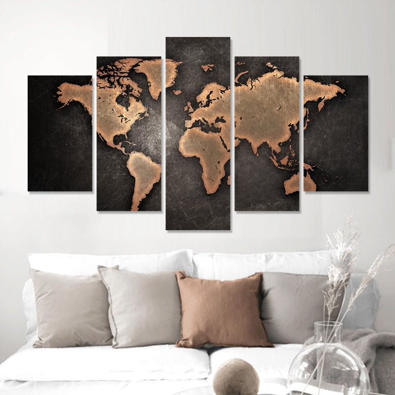5 Piece Brown World Map - Canvas Wall Art Painting | Bowlift