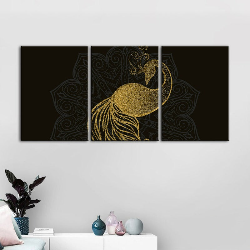 Abstract Golden Mandala Peacock - Canvas Wall Art Painting 3 Pieces | Bowlift