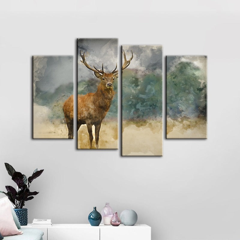 4 Piece Watercolor Plains Deer - Canvas Wall Art Painting | Bowlift