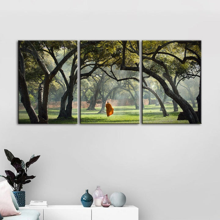 Peaceful Monk Walking-Canvas Wall Art Painting 3 Pieces | Bowlift